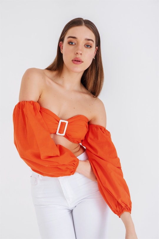 Megan Tokalı Crop Bluz Oranj
