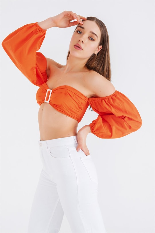 Megan Tokalı Crop Bluz Oranj