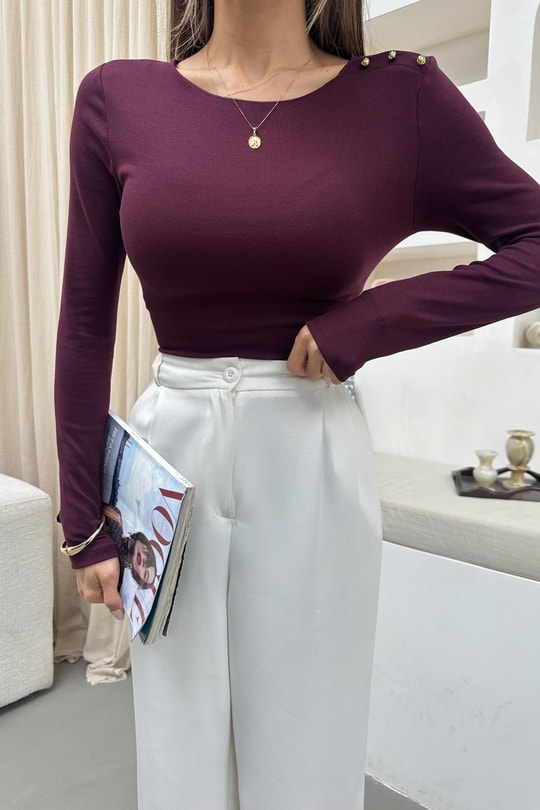 Omuz Detaylı Lazer Kesim Bluz Bordo