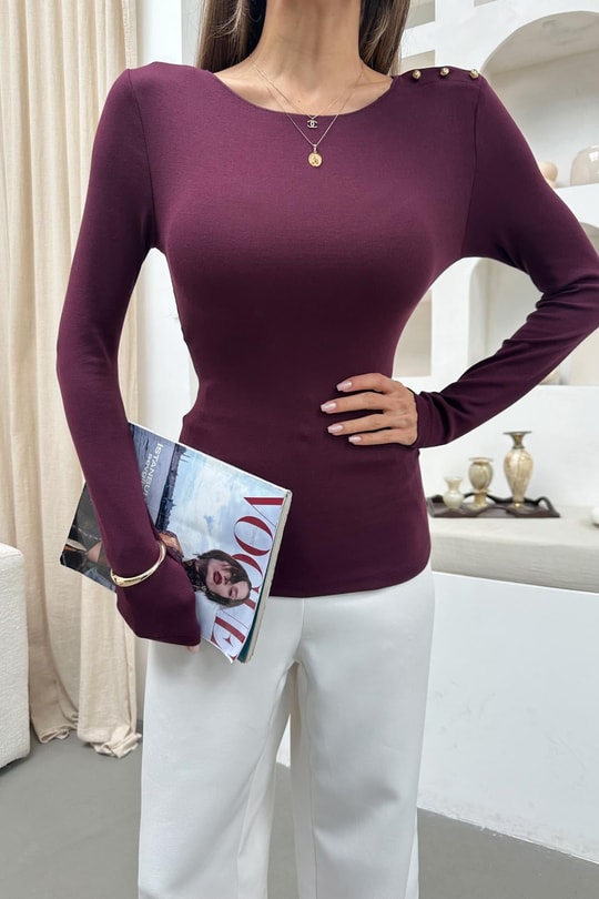 Omuz Detaylı Lazer Kesim Bluz Bordo
