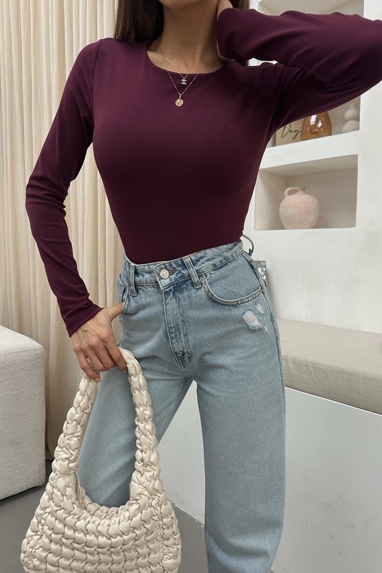 Ön Astarlı Basic Bluz Bordo
