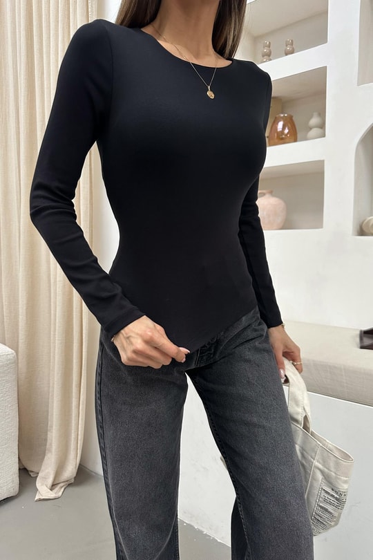 Ön Astarlı Basic Bluz Siyah