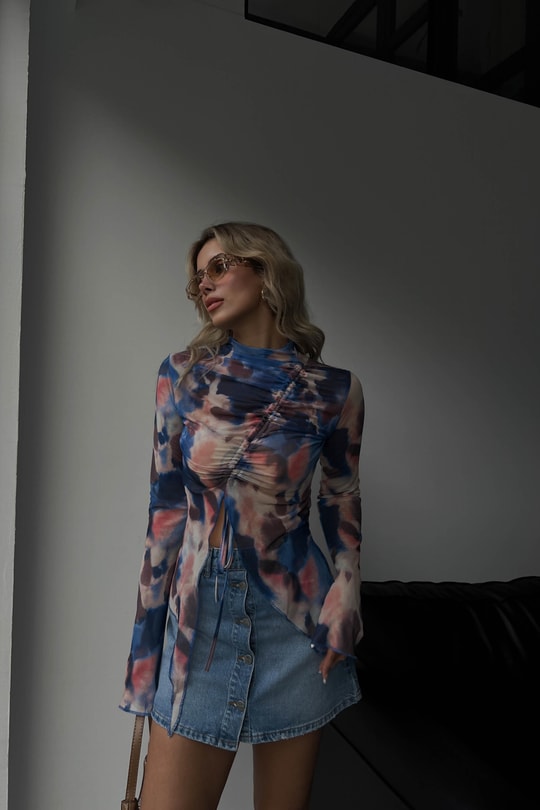 Ön Büzgülü Colorful Bluz Mavi