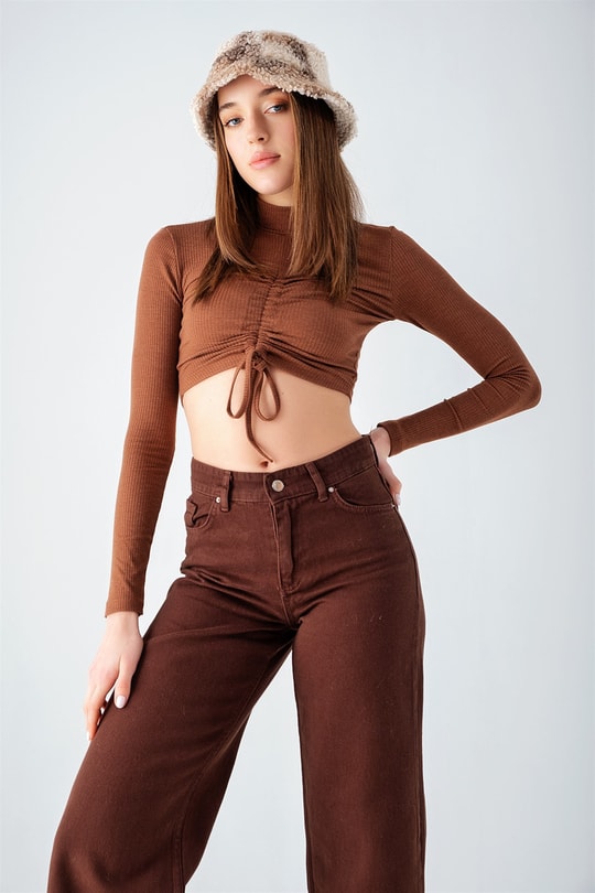 Ön Büzgülü Fitilli Crop Kahve