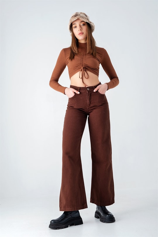 Ön Büzgülü Fitilli Crop Kahve