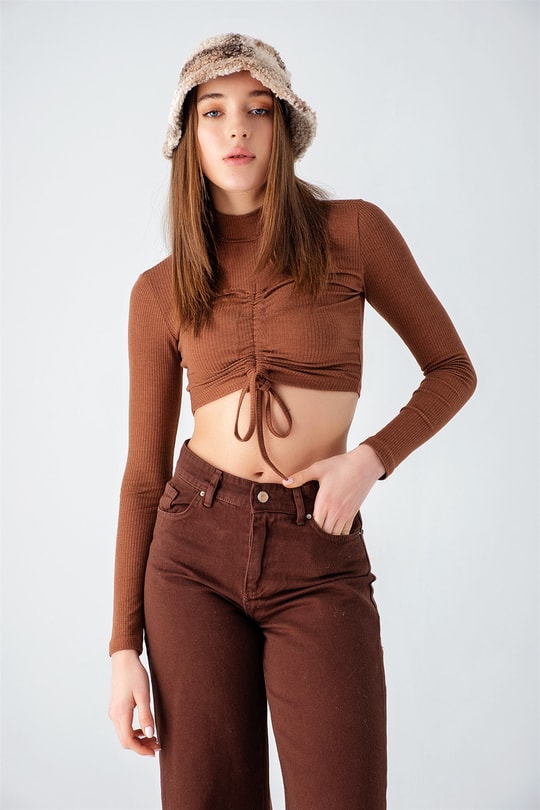 Ön Büzgülü Fitilli Crop Kahve