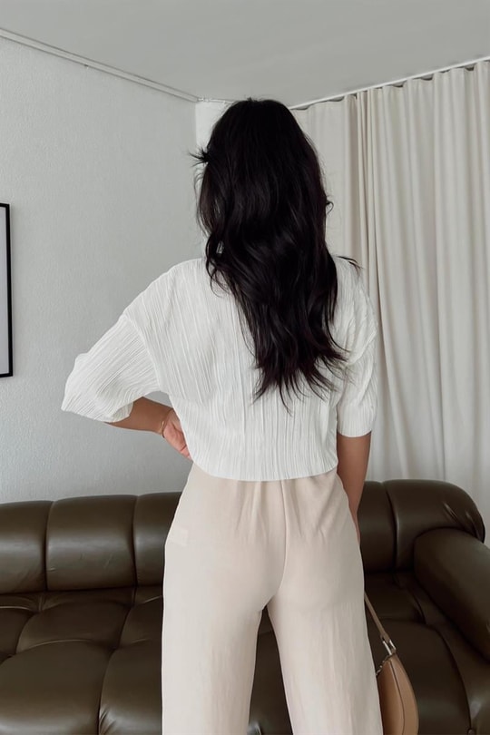 Piliseli Crop Bluz Ekru