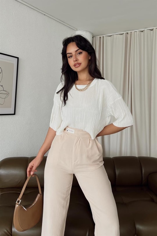 Piliseli Crop Bluz Ekru