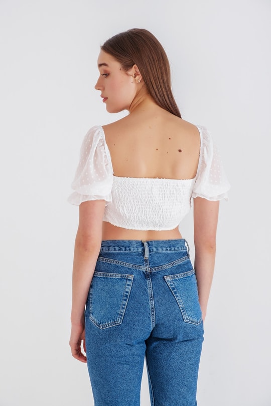 Pıt Pıt Büzgülü Crop Bluz Ekru
