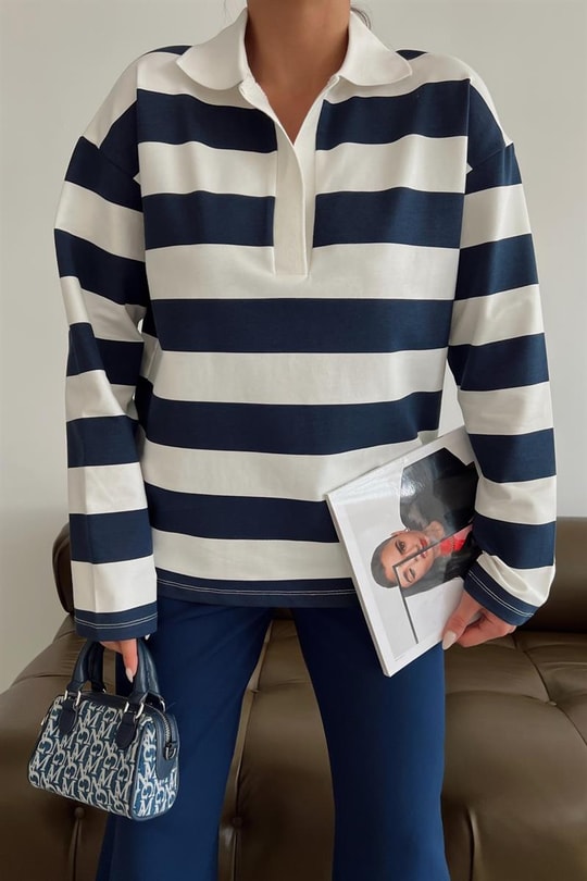 Polo Yaka Çizgili Bluz Lacivert