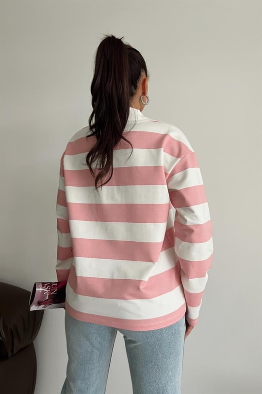 Polo Yaka Çizgili Bluz Pembe