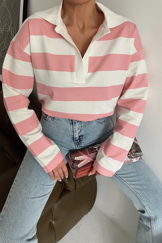 Polo Yaka Çizgili Bluz Pembe