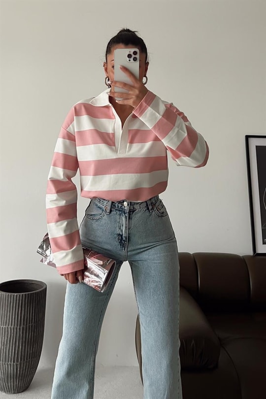 Polo Yaka Çizgili Bluz Pembe