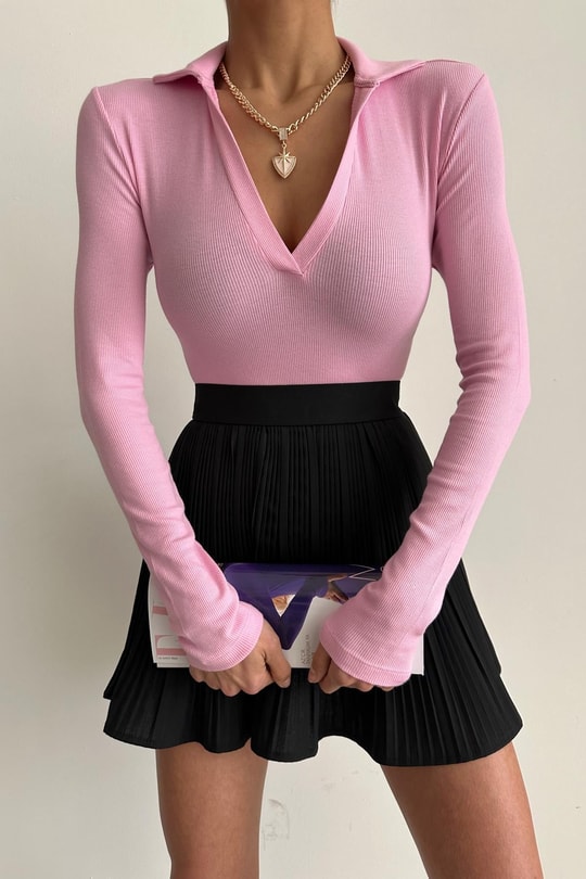Polo Yaka Fitilli Bluz Şeker Pembe