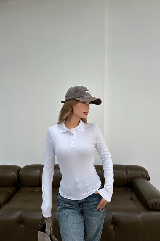 Polo Yaka Modal Bluz Beyaz