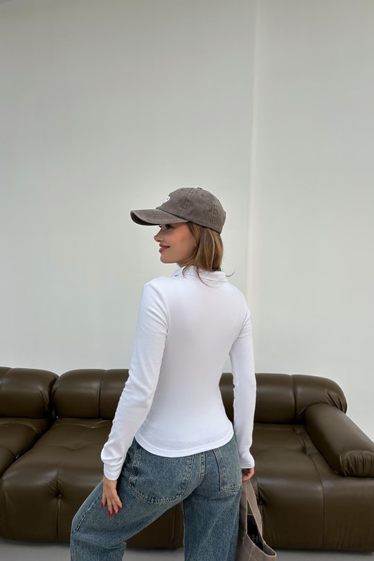 Polo Yaka Modal Bluz Beyaz