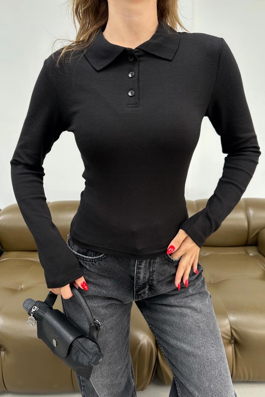 Polo Yaka Modal Bluz Siyah