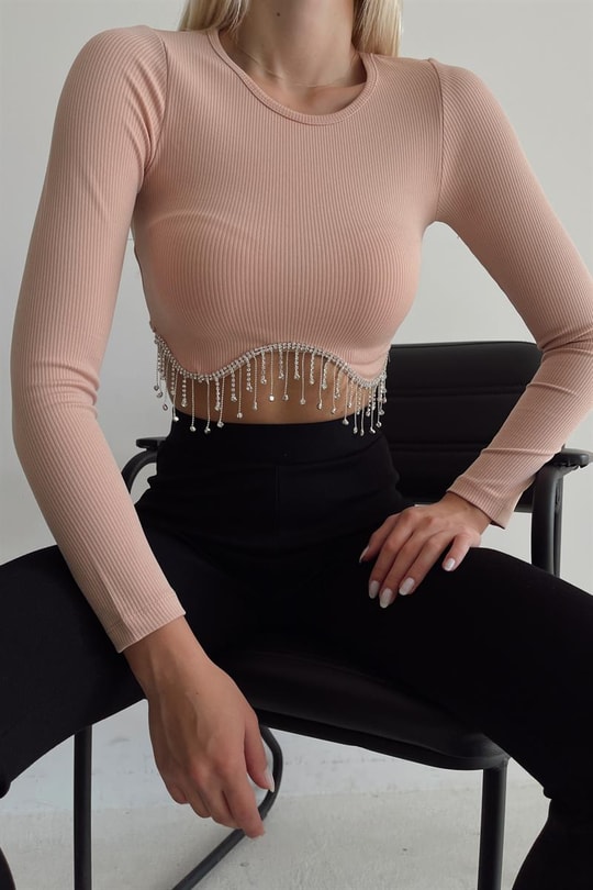 Püsküllü Asimetrik Crop Bluz Camel