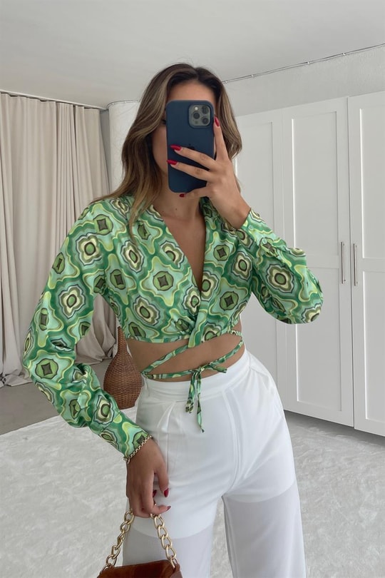 Retro Saten Bluz Yeşil