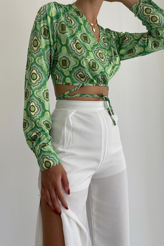 Retro Saten Bluz Yeşil