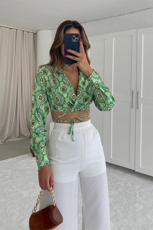 Retro Saten Bluz Yeşil