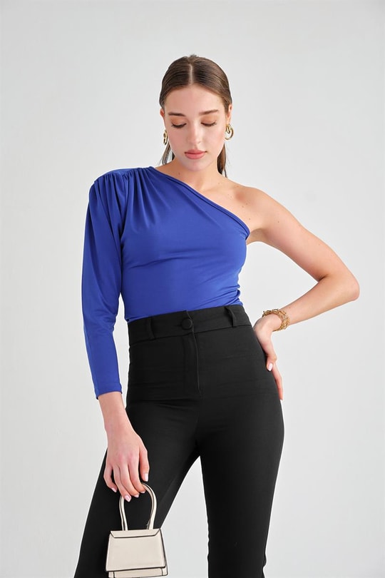 Tek Omuz Büzgülü Crop Bluz Saks Mavisi