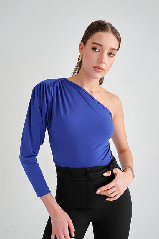 Tek Omuz Büzgülü Crop Bluz Saks Mavisi