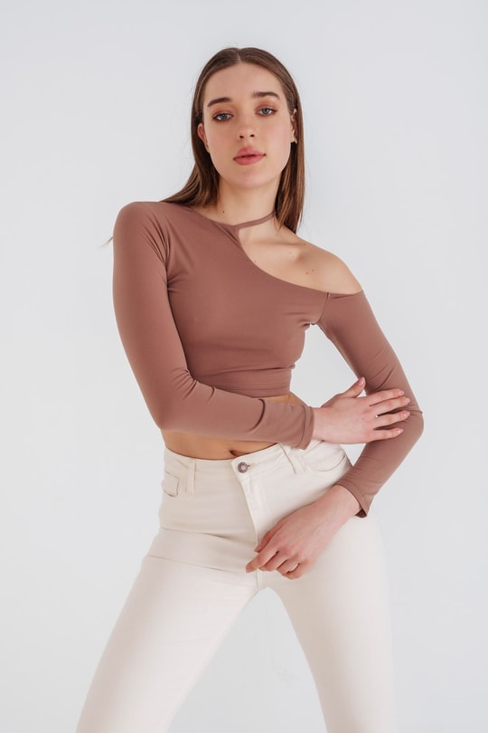 Tek Omuz Crop Bluz Camel