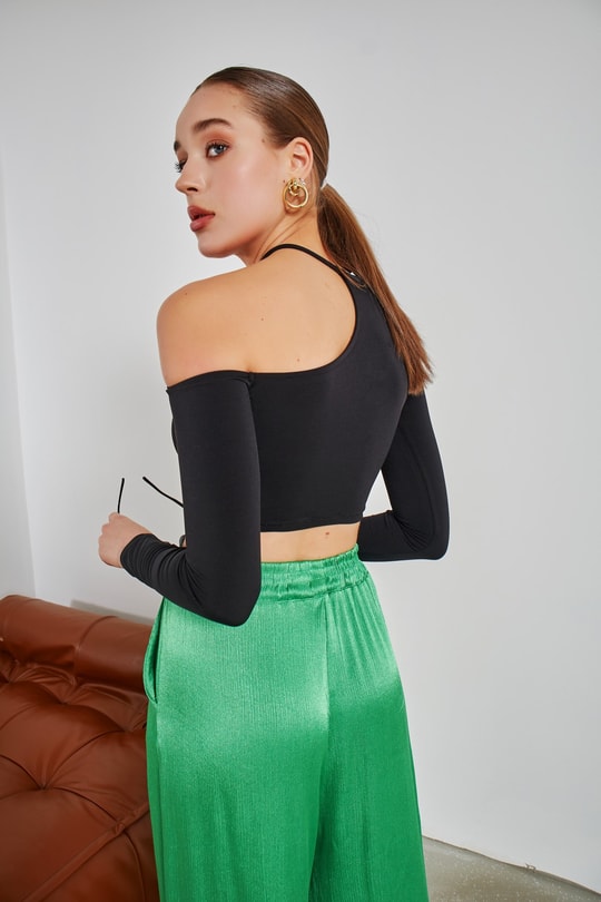 Tek Omuz Crop Bluz Siyah