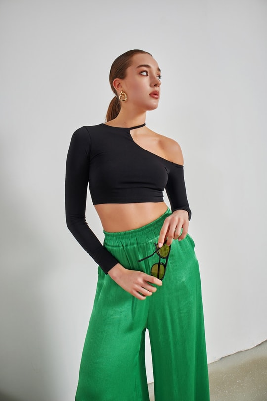Tek Omuz Crop Bluz Siyah