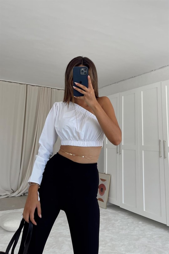 Tek Omuz Poplin Bluz Beyaz