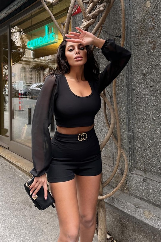 Transparan Kollu Fitilli Bluz Siyah