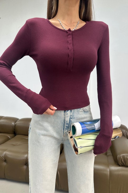 Uzun Kollu Çıtçıt Düğmeli Bluz Bordo