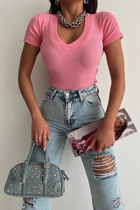 V Yaka Fitilli Bluz Pembe