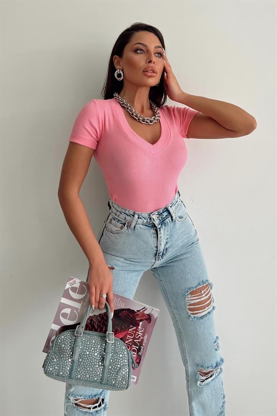 V Yaka Fitilli Bluz Pembe