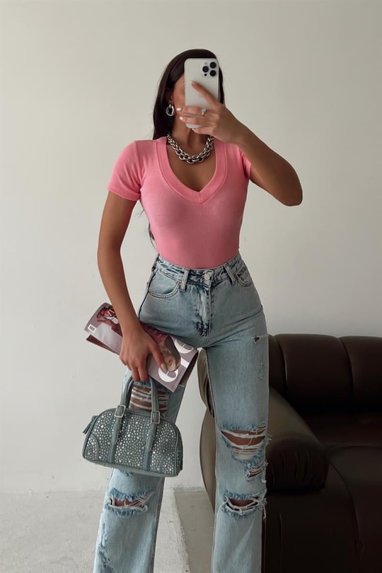 V Yaka Fitilli Bluz Pembe