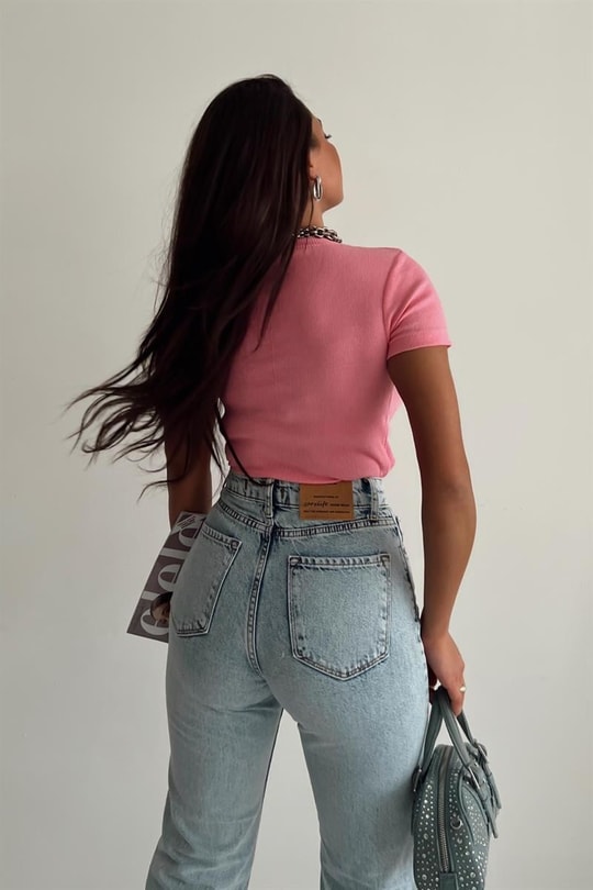 V Yaka Fitilli Bluz Pembe