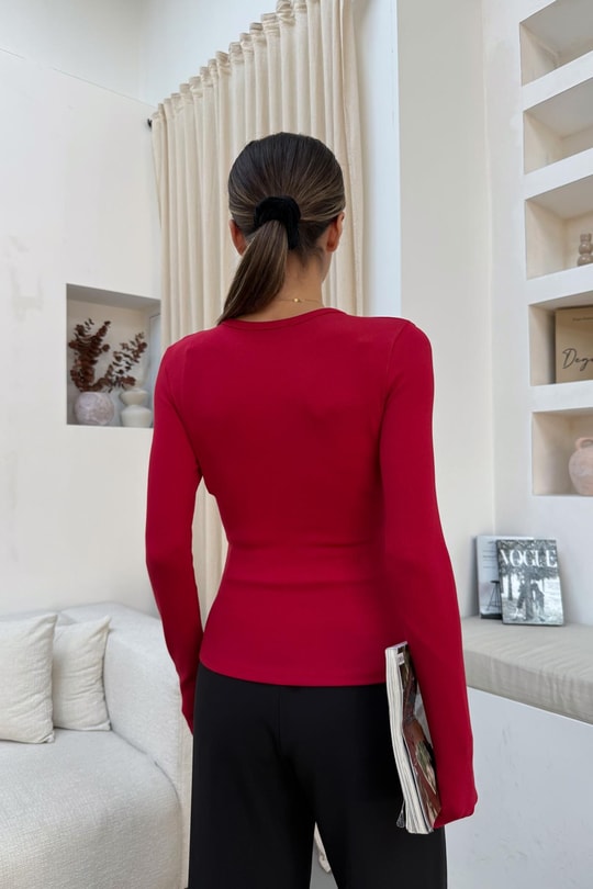 Yuvarlak Çift Dikişli Yaka Basic Bluz Kırmızı