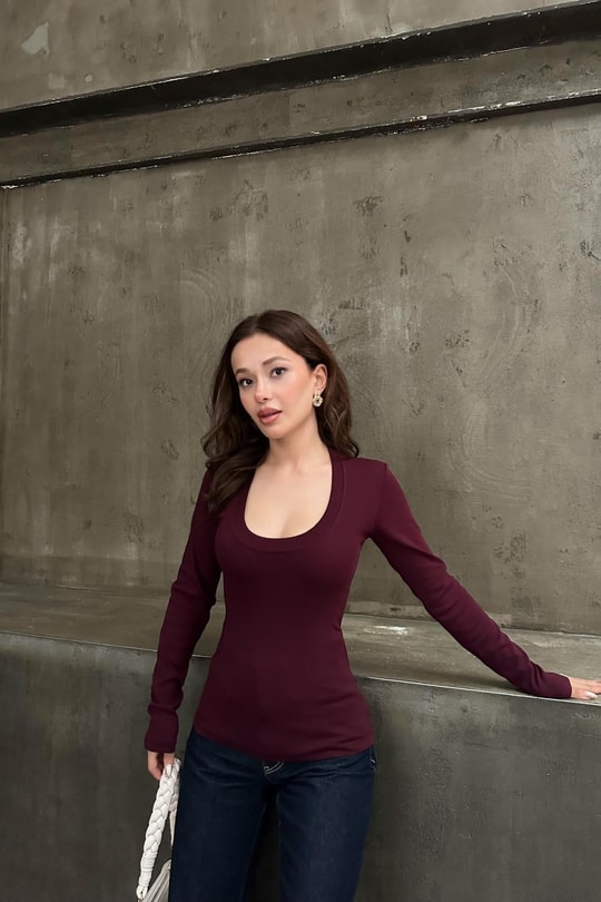Yuvarlak Dikiş Yaka Bluz Bordo