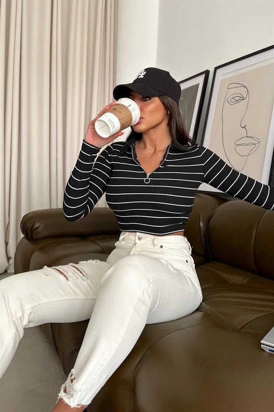 Zip Detay Çizgili Crop Bluz Siyah