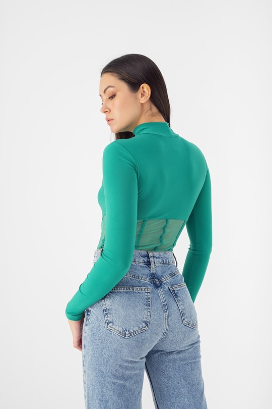 Baret Detay Transparan Bodysuit Yeşil