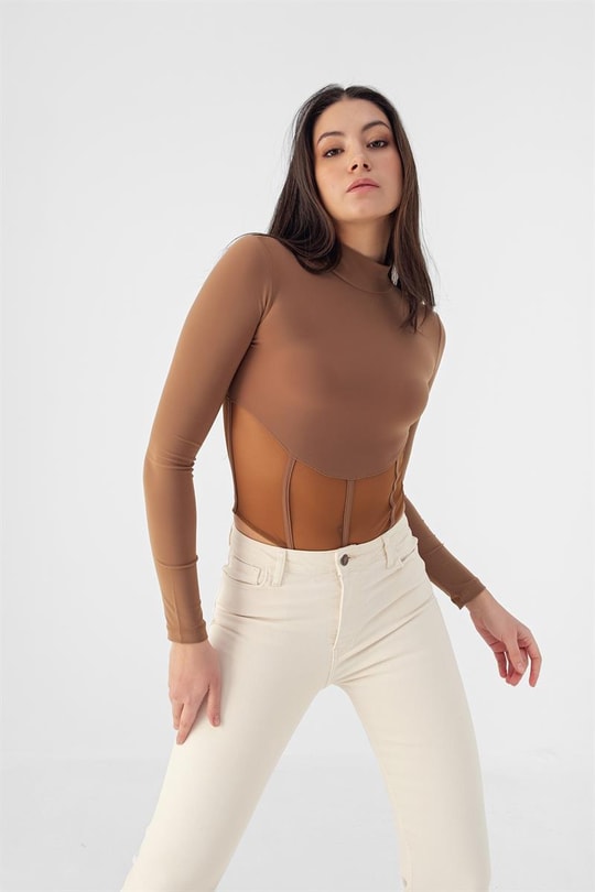 Baret Detay Transparan Bodysuit Kahve