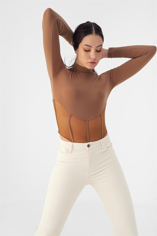 Baret Detay Transparan Bodysuit Kahve