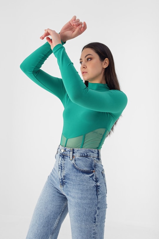 Baret Detay Transparan Bodysuit Yeşil