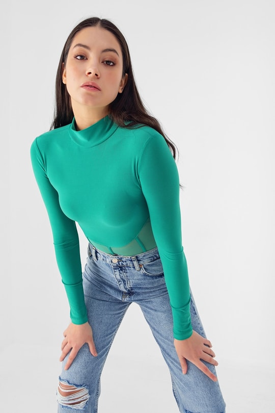 Baret Detay Transparan Bodysuit Yeşil