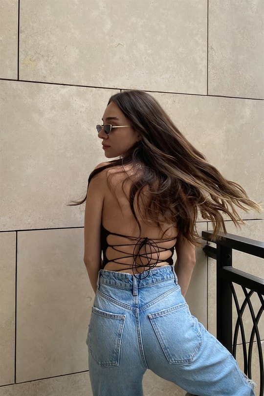 Çapraz Sırt Dekolteli Bodysuit Koyu Kahve