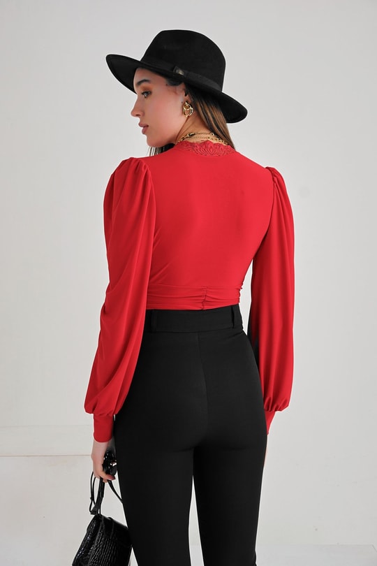 Dantel Detaylı Bodysuit Kırmızı