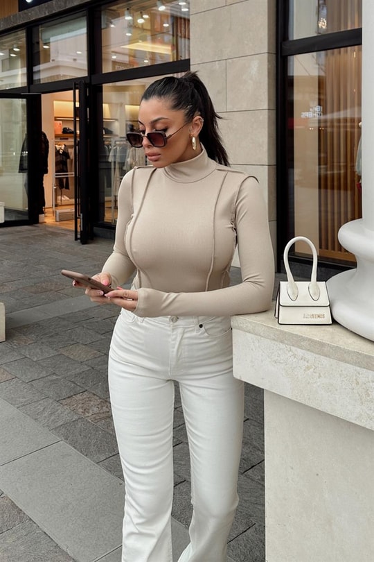 Dik Yaka Korsaj Bodysuit Bej