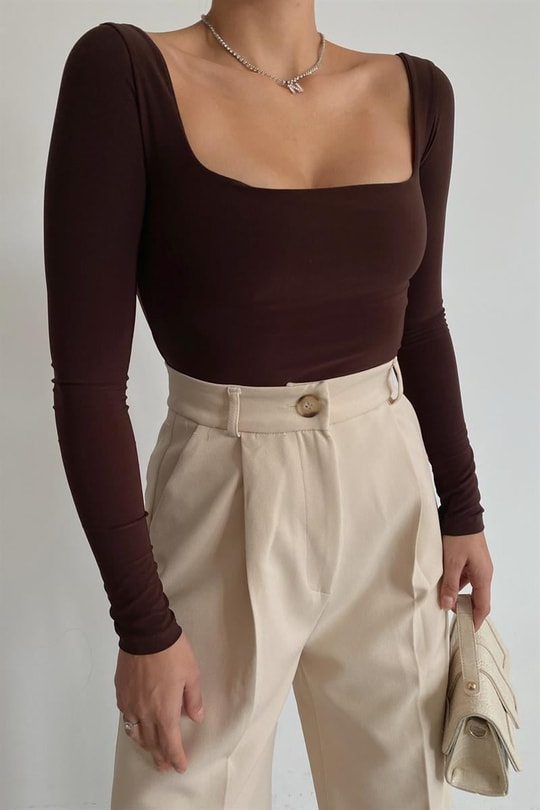 Kare Yaka Basic Bodysuit Acı Kahve