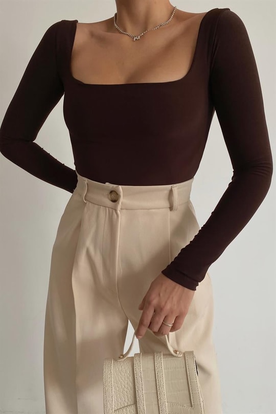 Kare Yaka Basic Bodysuit Acı Kahve